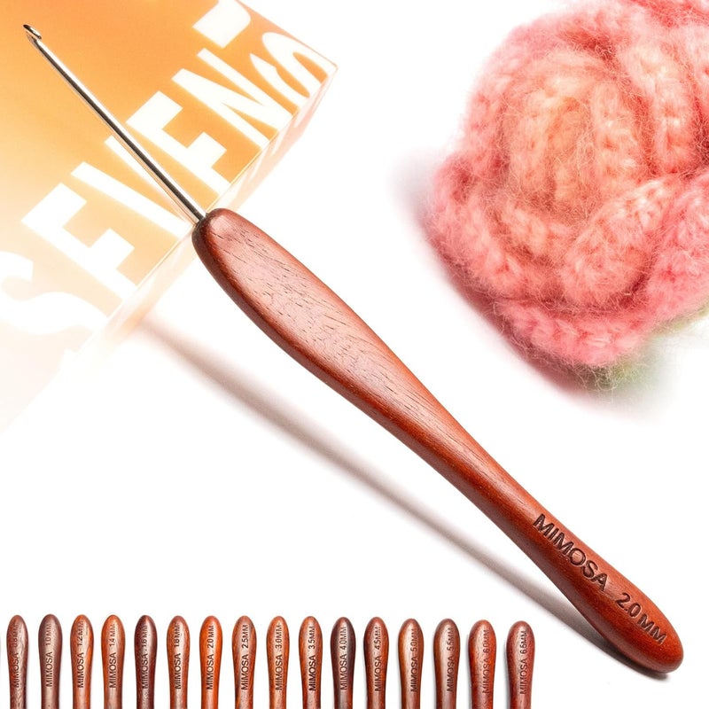 sevensun Mimosa 2mm Single Crochet Hook, Available in 0.6mm-6.5mm, Ergonomic Hand Polished Stainless Steel Inline Pointy Wood Handle Crochet Hook for Arthritic Hands, Mother's Day Gifts for Mom - Image 1